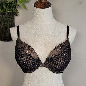 Victoria's Secret Very Sexy Lace Mesh Push Up Boost Black Nude Bra 36D VS 36 D
